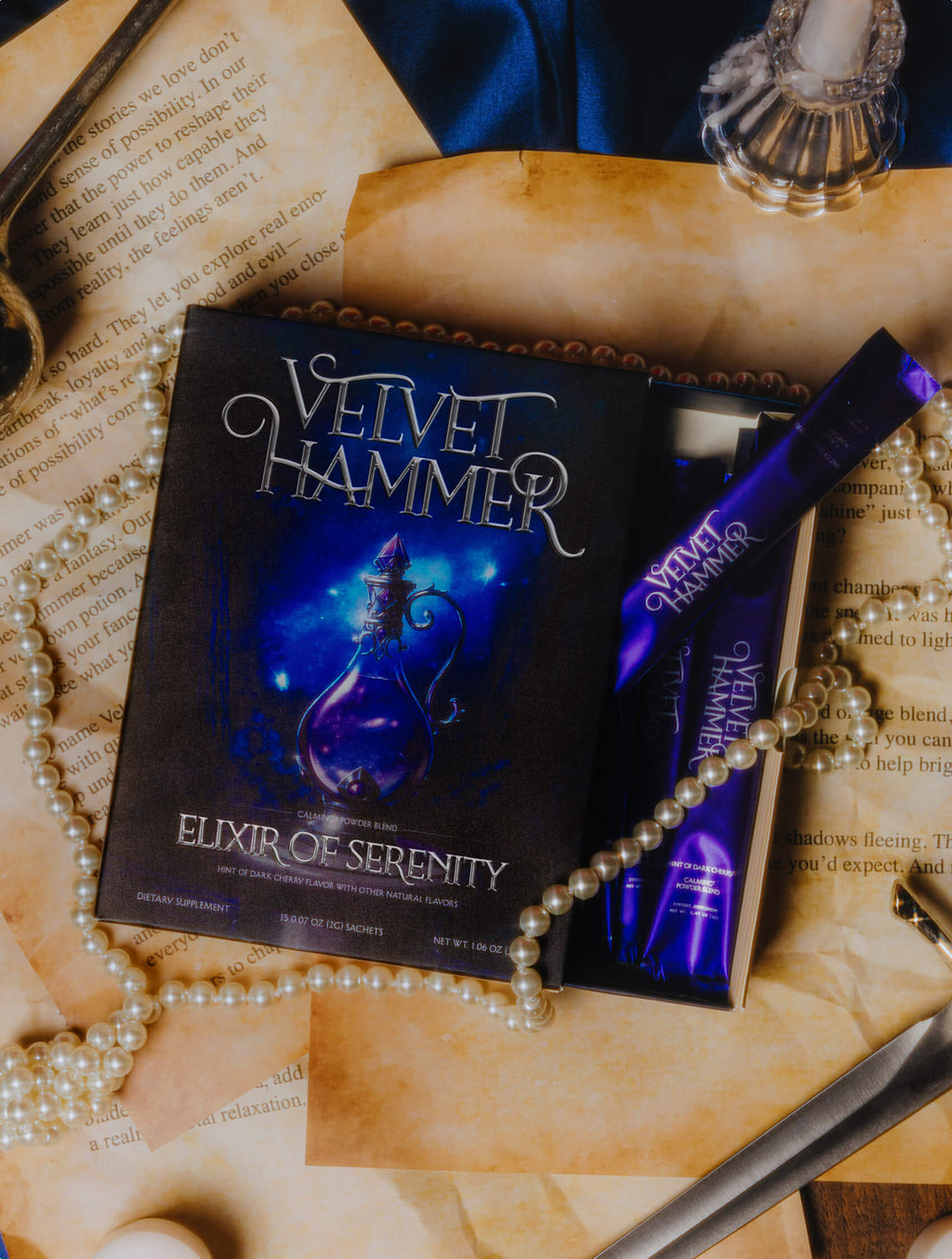 Elixir of Serenity - Velvet Hammer - Product Package laid flat on a table