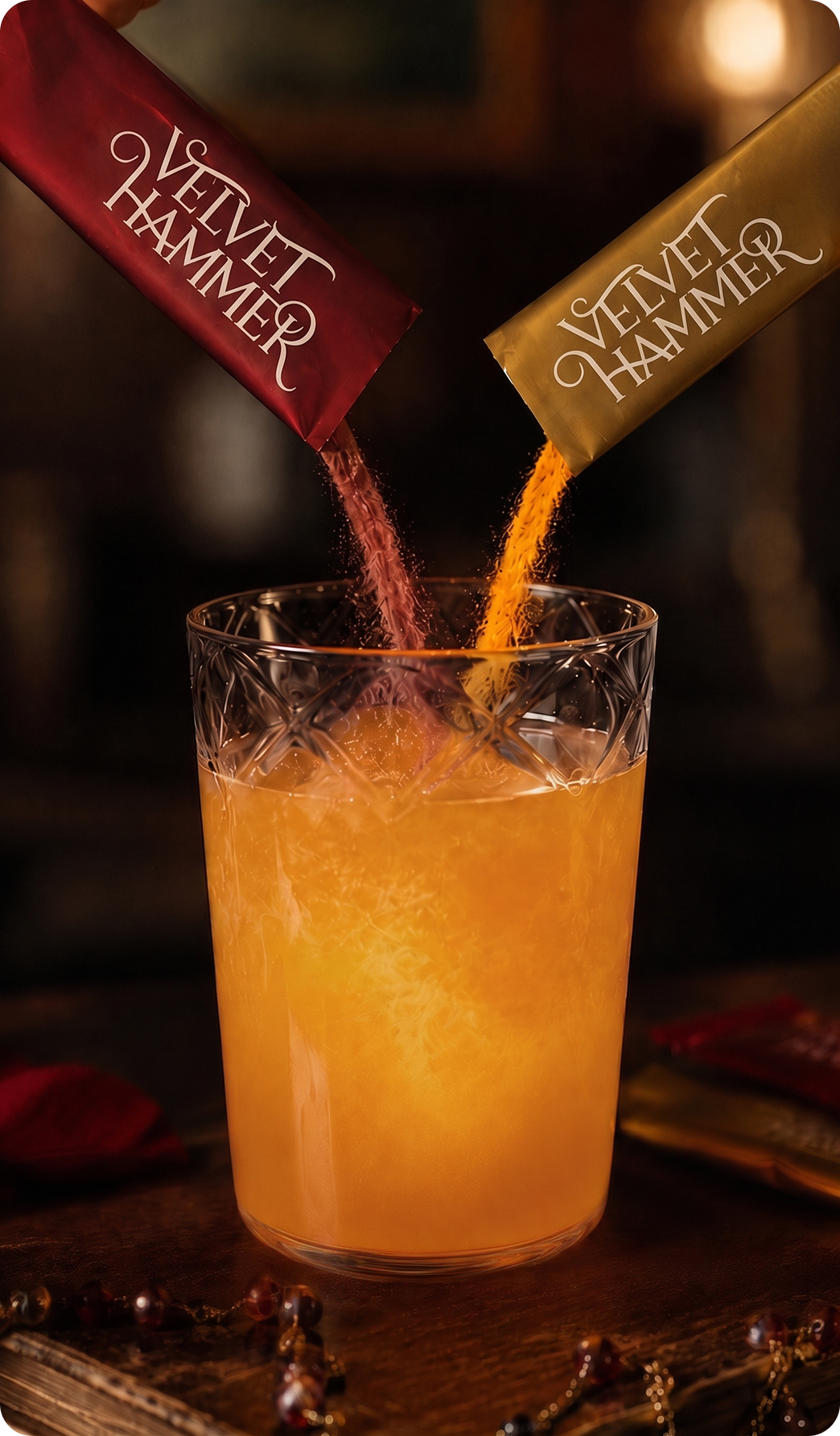 Velvet Hammer sachets pouring into a glass