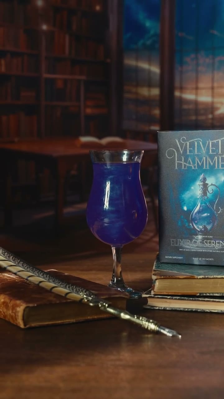 Serenity elixir beside a blue potion in a library